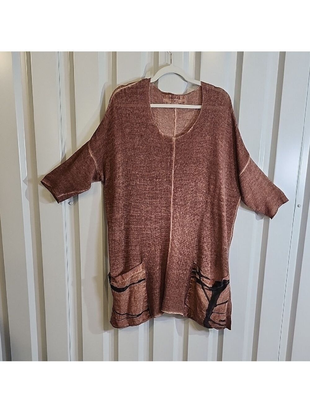 Grizas Women's Brown Knit Linen Tunic Artistic Pockets Size Medium Art to wear